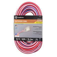 ORS - 172 - 02548 USA Southwire 50-Foot Contractor Grade 12/3 Indoor/Outdoor/Heavy-Duty Electrical Extension Cord with Lighted End, Weather-Resistant, Patriotic (Red White & Blue), Made in USA.  -$53.76 each.